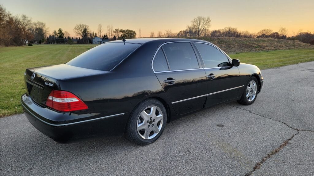 Rear passenger-side view of black 2004 Lexus LS430 Ultra Luxury