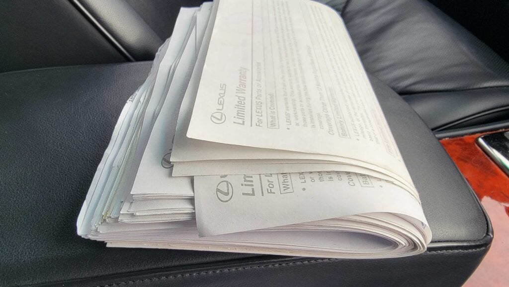 All dealer receipts and invoices laid out inside 2005 LS430