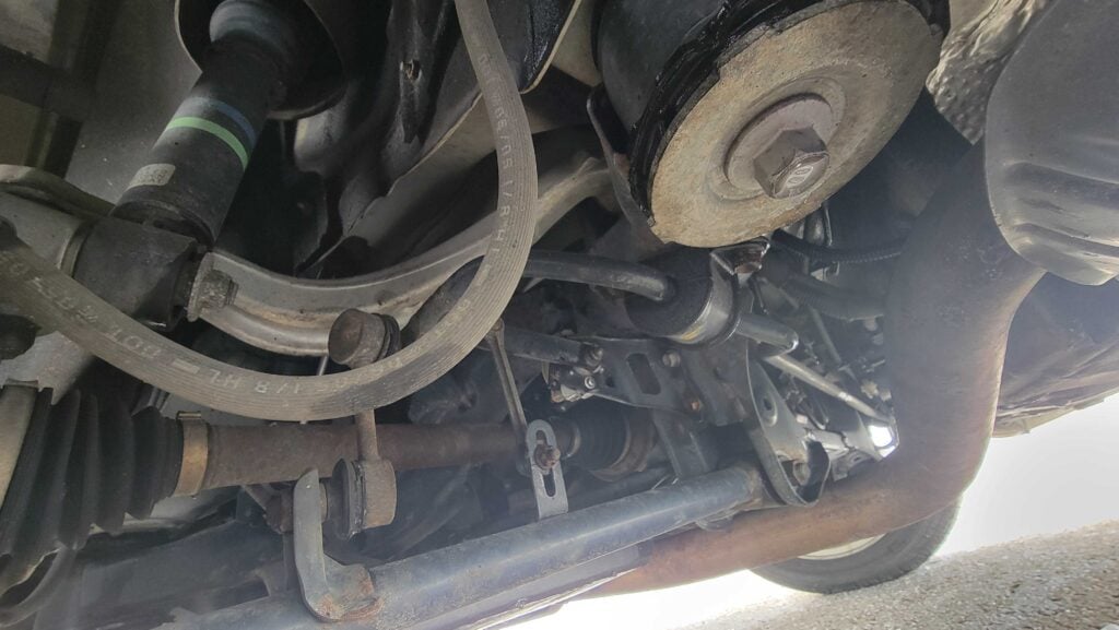 Rear driver suspension and underbody view of LS430