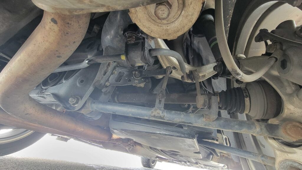 Rear passenger suspension and underbody view of LS430