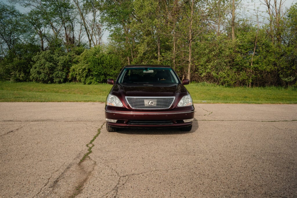 2005 Lexus LS430 Black Cherry Pearl Hood closed front view