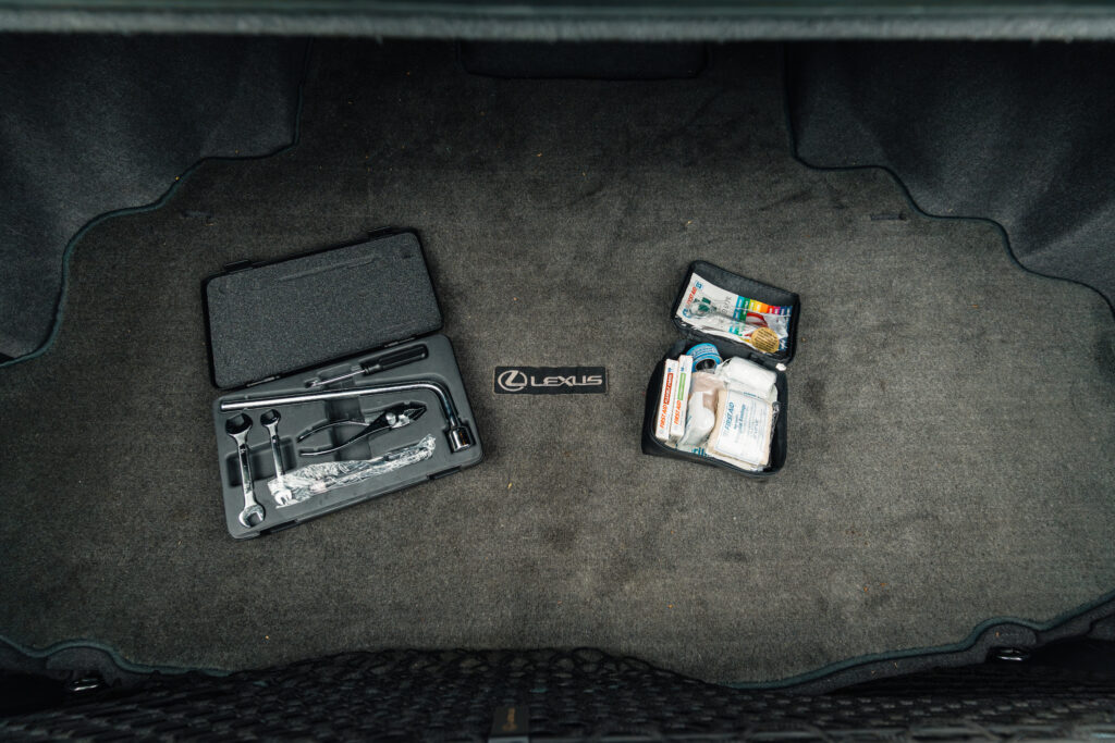 2004 Lexus LS430 White on Tan Base Model Inside Trunk View First Aid Kit Toolbox