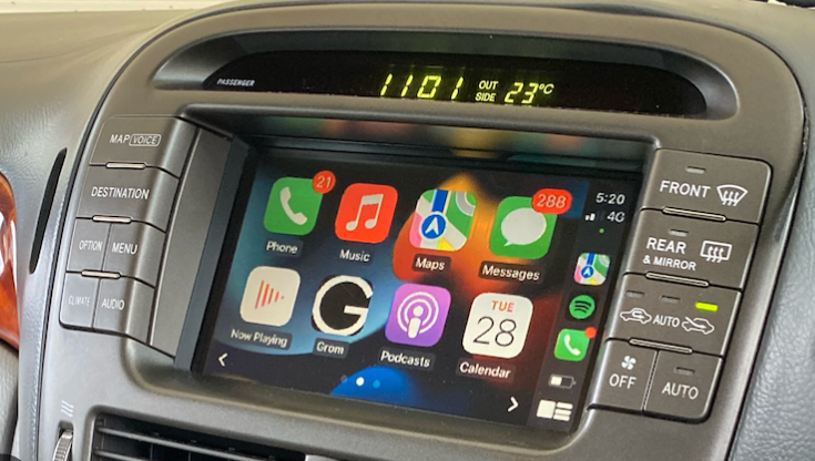 Apple CarPlay displayed on a Lexus LS430 factory navigation screen with a GROM VLine upgrade