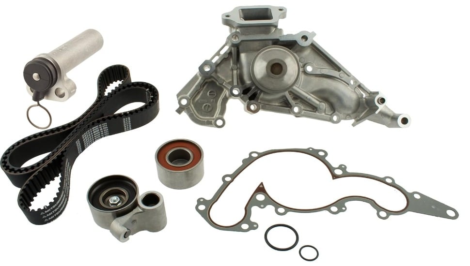 Timing belt, water pump, tensioner, pulleys, and gaskets shown as an LS430 service parts example